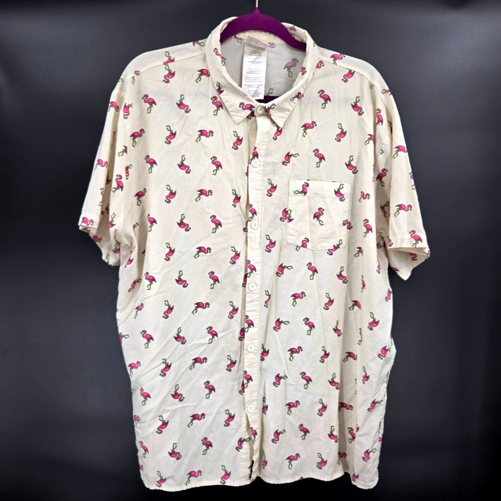IML Isaac Morris Flamingo Print Button‎ Down Shirt Cream Cotton Rayon Blend XL